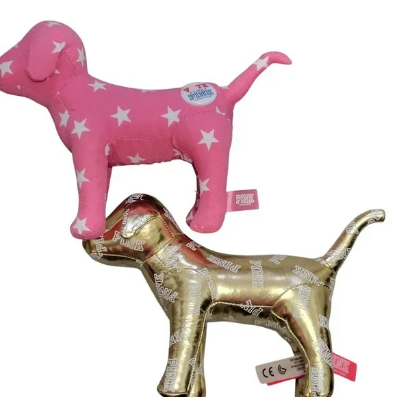 Victorias Secret Pink and Gold Dog Plush Toy Set Of 2 Pink Star & Gold Logo - Picture 2 of 16